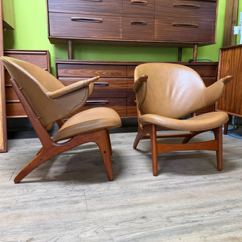 2 Mid Century Teak and Leather Lounge Chairs by Arne Hovmand-Olsen of Denmark