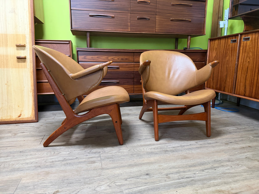2 Mid Century Teak and Leather Lounge Chairs by Arne Hovmand-Olsen of Denmark