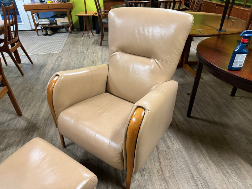 Mid Century Teak and Leather Lounge Chair and Ottoman