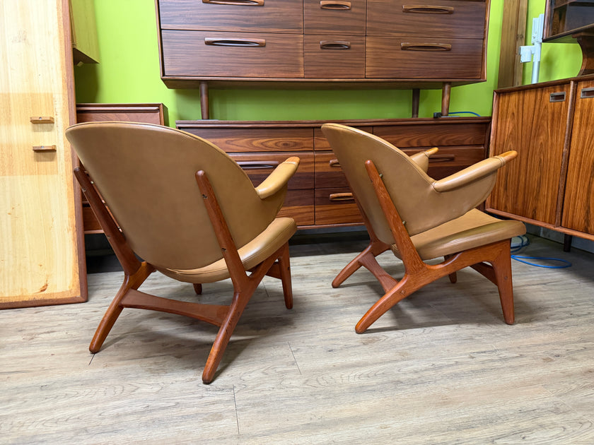2 Mid Century Teak and Leather Lounge Chairs by Arne Hovmand-Olsen of Denmark