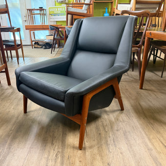 Mid Century Teak and Black Leather Lounge Chair
