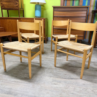 4 Mid Century Beech and Paper Cord Dining Chairs by Hans J Wegner