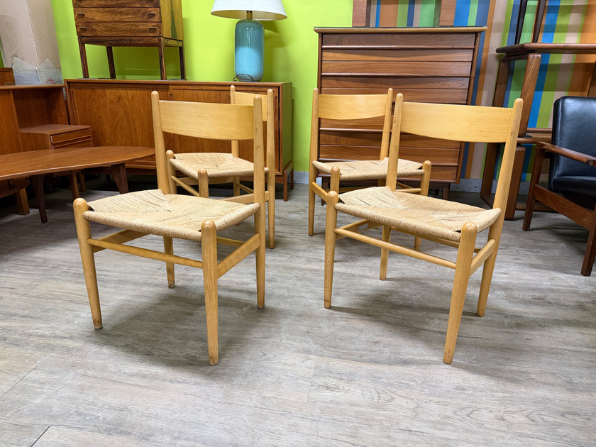 4 Mid Century Beech and Paper Cord Dining Chairs by Hans J Wegner