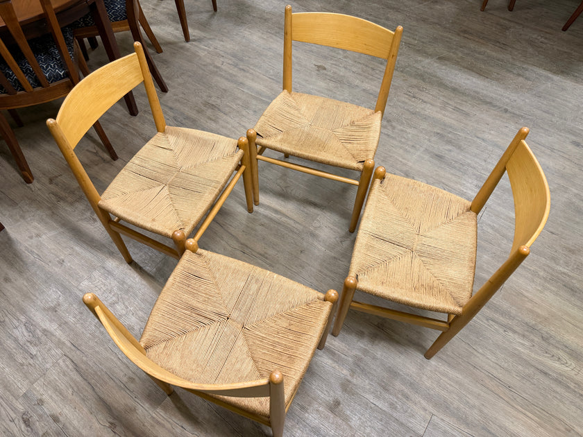 4 Mid Century Beech and Paper Cord Dining Chairs by Hans J Wegner