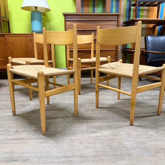 4 Mid Century Beech and Paper Cord Dining Chairs by Hans J Wegner