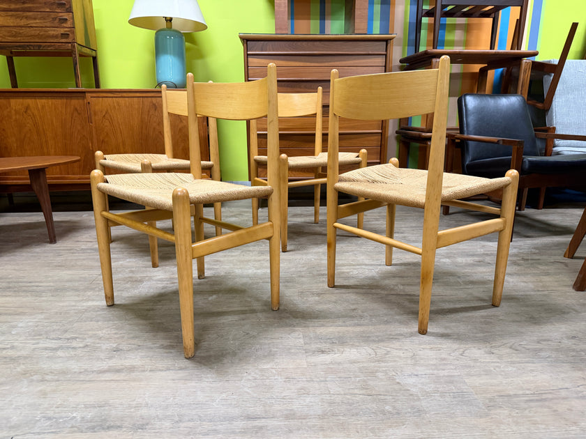 4 Mid Century Beech and Paper Cord Dining Chairs by Hans J Wegner