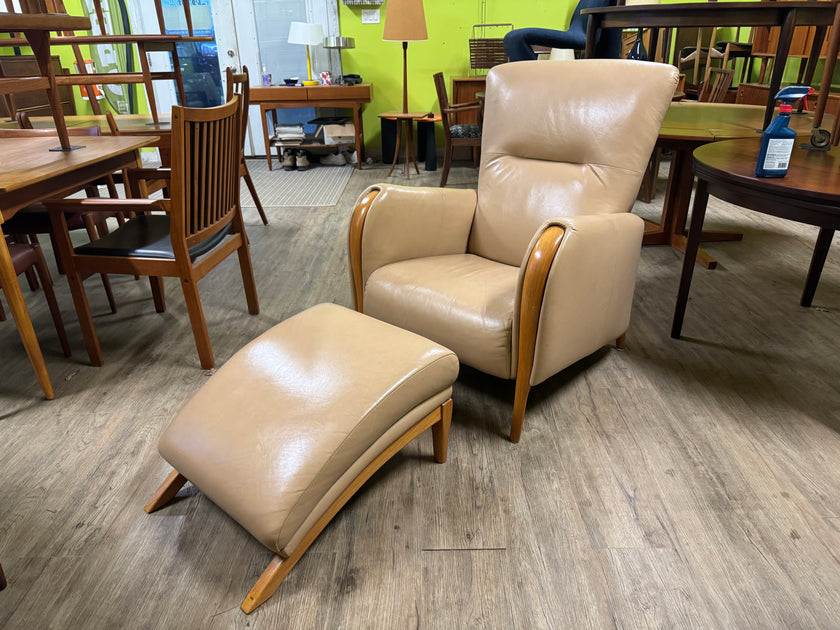 Mid Century Teak and Leather Lounge Chair and Ottoman