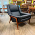 Mid Century Teak and Black Leather Lounge Chair
