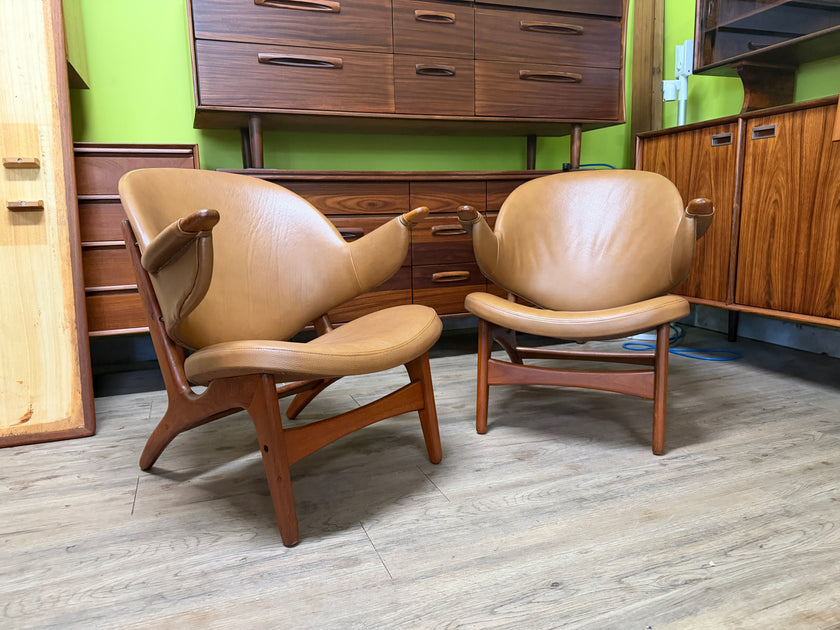 2 Mid Century Teak and Leather Lounge Chairs by Arne Hovmand-Olsen of Denmark