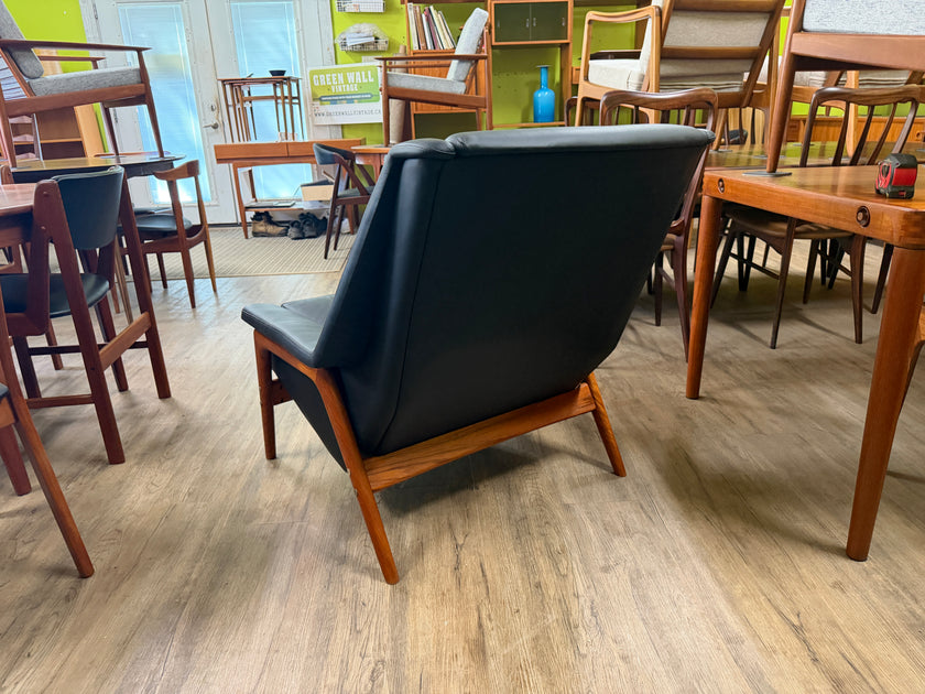 Mid Century Teak and Black Leather Lounge Chair